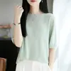 Top de punto fino de verano con cuello redondo para mujer, color liso, suave y ajustado, estilo delicado, versátil para ir al trabajo, camisa básica elegante