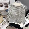 Camisa base listrada para mulheres, malha estilo europeu para outono e inverno, blusa de manga comprida para usar por baixo, suéter pulôver casual solto para usar por cima