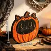 Ornamento de mesa de madeira vintage desgastado para Halloween Fantasma Abóbora Gato Preto casa de madeira desenho animado decoração de feriado