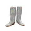 Botas de Salto Alto Leves com Zíper Lateral e Franjas para Mulheres, Tamanhos 35-46, Outono e Inverno, Cor Sólida, Cano Alto, Bico Fino, Salto Quadrado