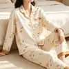Pijama de Algodão Imitado para Mulheres, Manga Longa e Calça Longa, Cardigã para Primavera e Outono, Estilo Casual Simples de Alta Qualidade, Conjunto de Pijama Plus Size para Mulheres