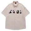 25 Camisas de Manga Corta Bordadas de Gato Estilo Retro Americano para Hombres y Mujeres Verano Pana Caídas Casuales Tendencia Hip-Hop
