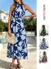 2026 Cross-Border Amazon Verão Novo Estilo Europeu e Americano Estampado Gola Halter Sem Mangas Cintura Marcada Fashionável Chiffon Vestido