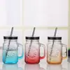 Em estoque copo de vidro Mason copo para bebidas copo de vidro quadrado com alça copo para drinks copo para milkshake copo para bebidas copo com canudo copo de gelo crisântemo