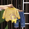 Trajes de Moda de Manga Larga para Niños y Niñas, Nuevo Estilo Otoñal, Lindo Conjunto de Dos Piezas de Manga Larga con Retazos Rayados de Animales, Venta Directa