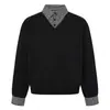 Moletom xadrez com gola, estilo duas peças falsas com retalhos, marca trendy europeia e americana, blusa de manga comprida para primavera e outono, design esportivo, corte solto