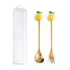 Cuchara y tenedor de acero inoxidable portátil para niños, con bonitos dibujos animados, dorados, para café, fruta, postre, caja de regalo