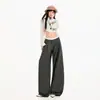 Pantalones casuales de traje transfronterizos 2026 para mujer, pierna recta holgada estilo americano, con caída y plisados, pantalones largos grises, longitud extendida gris