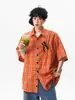 Camisa Xadrez Laranja de Verão Solta Dopamina Manga Curta Jaqueta Xadrez Manga 3/4 Top Estilo Retro Americano