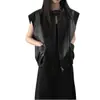 Jaqueta colete feminina de couro PU sem mangas com zíper e gola redonda, estilo vintage, outono, de alta qualidade, de Dongdaemun, Coreia