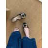 Zapatos Planos de Mujer con Punta Cuadrada Hueca Estilo Francés 2025 Nuevo Verano Versátiles Hebilla Cuadrada Negra Zapatos de Oficina