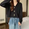Cardigan de punto de cuello en V estilo coreano para otoño e invierno, nuevo, suave, color liso, estilo perezoso holgado, suéter todo lo combina, abrigo para mujer