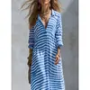 Vestido camisa texturizado a rayas azules y blancas transfronterizo 2026, estilo casual holgado de playa con cuello camisero y mangas enrollables, ropa de mujer para vacaciones