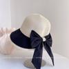 Sombrero de Paja para Mujer con Lazo de Verano con Abertura Trasera, Costuras de Tela, Parasol, Elegante, Combinable con Todo, Transpirable, Tipo Cubo, Moda Sombrero de Pescador