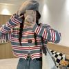 Suéter de malha listrado com capuz e zíper, estilo Hong Kong, novo suéter curto solto e slim para mulheres, primavera