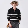 Suéter de malha listrado casual retrô estilo coreano com gola alta e meio zíper para homens, pulôver solto e versátil para outono e inverno