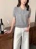 Estilo Old Money Casual Cuello Polo Color Sólido Texturizado Lino Slub Cuello Pico Pequeño Top de Punto para Mujer 26 Verano Nuevo Modelo en Stock