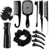 Set de Peines para Peluquería, Peine de Cola Puntiaguda, Peine de Cola de Rata, Cepillo para Bordes, Cepillo para Champú, Botella con Atomizador, Pinza para el Cabello, Goma para el Cabello, Peine de Dientes Anchos