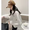 Nova coleção de outono: roupas femininas plus size, camisa roxa estilo coreano com bainha plissada em formato de casulo e mangas compridas