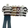 26 Suéter de Tricô Listrado Vazado Moda Casual Feminina Primavera Novo Peça de Exterior Top de Comprimento Médio