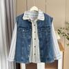 2025 Principios de Primavera Talla Grande Nuevo 100kg Gordo mm Moda Chaleco Denim Crudo con Flecos Cuello con Borlas Camisa Rayada 2598