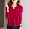 Suéter de hilo de tres cabos con núcleo y patrón de corazón para mujer, nuevo estilo primavera y otoño, combinado con una falda, top de punto con abertura, camiseta básica ajustada y que realza la figura