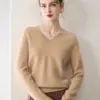 Nueva camiseta de punto base 100% cachemira para mujer de otoño e invierno, suéter de cuello en V de manga larga, corte holgado y adelgazante