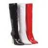 Outono e Inverno 2019 Novas Botas de Cavaleiro de Couro Patente de Cano Alto Salto Alto Botas de Dança Tubo de Aço 48 Amazon wish Botas de Comércio Exterior