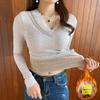 Blusas Quentes para Mulheres no Inverno, Veludo e Renda Espessa em Retalhos com Decote V Roupas de Outono com Camisetas de Segunda Pele Justas e Lingeries
