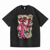 Camiseta de Algodón Puro Lavada Desgastada Estilo Europeo y Americano Dibujos Animados Calle Animal Rosa Estilo Punk Top Estampado Nuevo