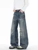 Jeans para hombre con parches desgastados y rotos falsos, estilo retro de la alta calle americana, corte holgado con diseño de orejas de gato, pantalones de pierna ancha