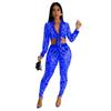 C6549 Transfronterizo AliExpress Amazon Moda Europea y Americana para Mujer Color Sólido Malla Hot Drilling Manga Larga Pantalones Conjunto de Dos Piezas