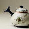 Tetera de Porcelana Azul y Blanca con Diseño de Orquídea Mariposa Pintada en Oro Rojo, Asa Lateral, Juego de Té Kung Fu, Uso Doméstico, Tetera con Filtro de Agujero de Bola