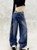 Novas Calças Jeans Azuis Vintage para Primavera/Outono com Letras de Strass na Lateral, Cintura Alta, Caimento Solto, Perna Larga Reta Emagrecedora