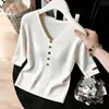 Nuevo Top de Punto de Manga Tres Cuartos con Cuello en V para Otoño 2026 Camisa Básica de Principios de Otoño para Mujer
