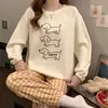 Pijama de manga longa e calça longa, gola redonda, para mulheres, simples, estiloso, doce, fofo, confortável, roupa de casa tipo algodão
