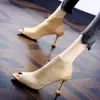 Sandálias peep toe europeias e americanas femininas de verão novas salto agulha malha elástica elástica romanas de salto alto comércio exterior