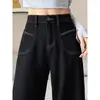 Jeans Negros Gruesos de Pierna Ancha Estilo Retro con Forro de Felpa para Mujer, Otoño e Invierno, Tipo de Cuerpo Pera, Cintura Alta, Corte Holgado, Pantalones Rectos Adelgazantes