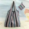 Bolsa de compras mediana a rayas con estampado de cuadros, plegable, ecológica, de nailon, estilo momia, coreana
