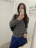 Cardigan Tricot Listrado/Outono e Inverno Estilo Coreano Simples Gola Redonda Color Block Patchwork Gola Redonda Suéter de Botão
