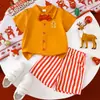 Conjunto Navideño Casual para Bebé y Niño Pequeño Camisa de Manga Corta con Solapa y Pajarita Pantalones Cortos Rayados Conjunto de Dos Piezas para Salida de Verano