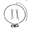 Collar con Borlas de Pedrería de Doble Fila y Aretes de Lazo Europeos y Americanos para Mujer, Juego de 2 Piezas, Cadena para Clavícula Elegante Noble y Elegante para Boda