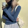 Blusa de tricô quente de manga comprida, justa, sem dedos, para mulheres, nova base de alta gola para outono e inverno, camisa feminina