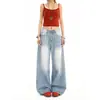 Jeans Rectos Azul Medio para Mujer Verano Nuevo Estilo Retro Americano Blancos Desgastados Casuales Sueltos de Pierna Ancha Pantalones Largos hasta el Suelo