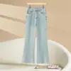 Jeans Acampanados de Encaje Bordado con Pedrería de Cintura Alta para Mujer, Estilo Delgado de Verano, Pantalones Acampanados Elegantes de Corte Ajustado