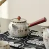 Bule de Madeira Sólida com Alça Lateral Miyamaki Bege Forno Ru, Não Queima ao Toque, Conjunto de Chá Kung Fu, Bule Único Retro Chinês com Incrustações Douradas e Prateadas