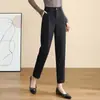 Calça Harem Plissada de Cintura Alta Feita Sob Medida para Mulheres, Primavera e Outono, Emagrecedora, Calça Cenoura Cropped, Elegante para Figuras Baixas