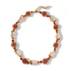 Conjunto de Joias de Luxo Leve de Alta Qualidade Europeu e Americano Transfronteiriço com Flores Incrustadas de Diamante Vermelho, Brincos de Pérolas com Contas, Colar e Pulseira para Mulheres