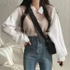 2026 Camiseta Falsa de Duas Peças para Mulheres Plus Size com Gola Polo Patchwork, Moletom de Manga Longa, Blusa Solta Versátil com Costela
