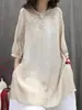 Top Pulóver de Algodón Lino Manga Corta Cuello Redondo Primavera Verano Nuevo Longitud Media Holgado Bordado Artístico Retro Camiseta para Mujer